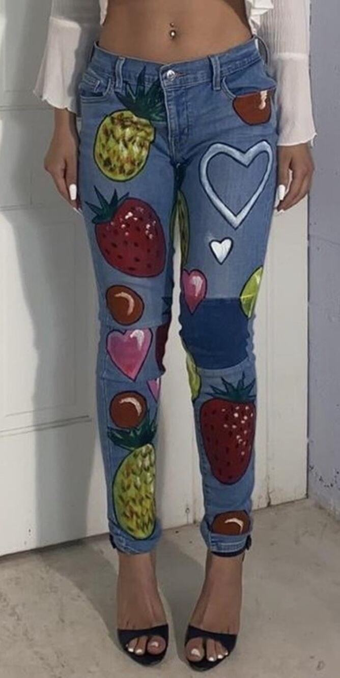 Levi’s 710 Super Skinny Hand Painted Fruit Heart Jeans Artist Funky Size 31